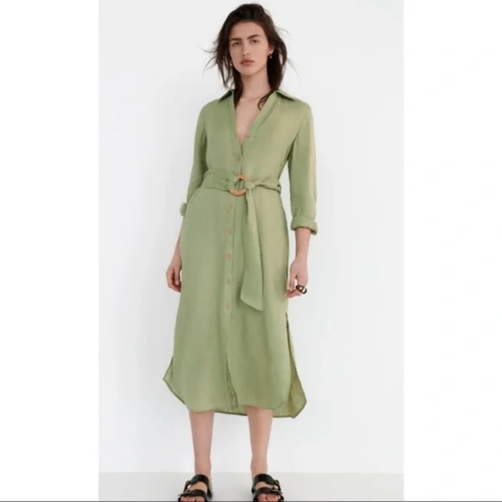 Zara Linen Belted Midi Dress With Slit & Pockets